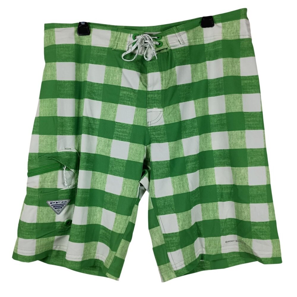 Columbia Mens Plaid PFG Offshore™ BoardShorts Size 36 Green Bottle Line Cutter